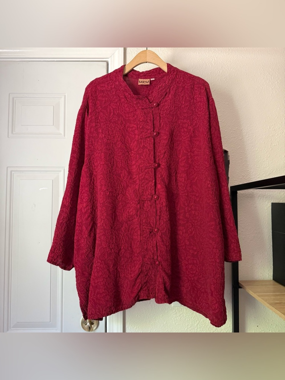 URU red silk burgundy floral textured boxy oversized mandarin collar tunic shirt